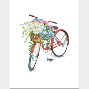 Vintage Red Bicycle With Flowers Posters and Art
